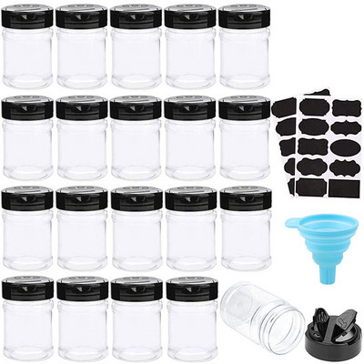 12/20db Üres átlátszó műanyag fűszeres üvegek tartályok fedővel, címkékkel Fűszeres tároló üvegek fűszerek konyhai kiegészítők tárolására