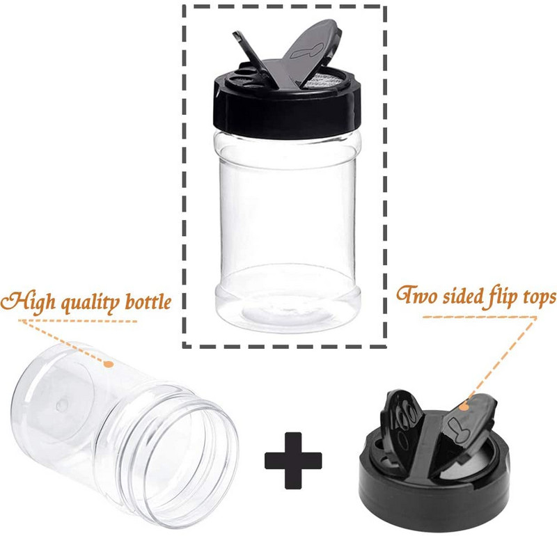 12/20db Üres átlátszó műanyag fűszeres üvegek tartályok fedővel, címkékkel Fűszeres tároló üvegek fűszerek konyhai kiegészítők tárolására