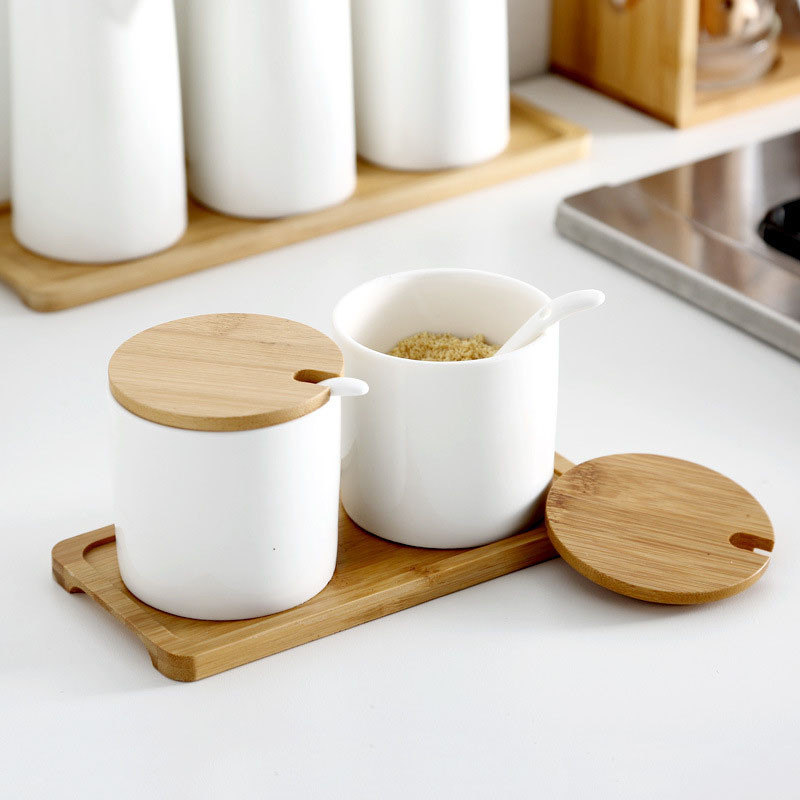 Set de borcane de condimente din ceramică de uz casnic japonez Oală de ulei cu tavă Organizator de condimente Dozator de zahăr Recipient pentru oțet