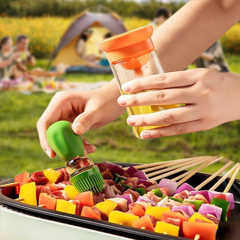 Konyhai szilikon olajos palack ecsettel olajadagoló Sütési grill grill olajkefe kültéri kemping grillező főzőeszközhöz