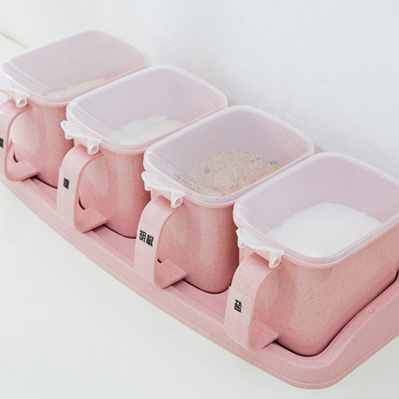 Set cutie de condimente cu 4 grile de înaltă calitate, condimente, sare, borcane de zahăr, recipient de depozitare pentru condimente, cu lingură mică