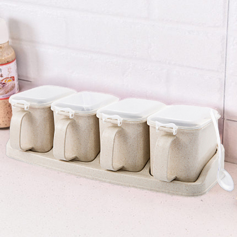 Set cutie de condimente cu 4 grile de înaltă calitate, condimente, sare, borcane de zahăr, recipient de depozitare pentru condimente, cu lingură mică