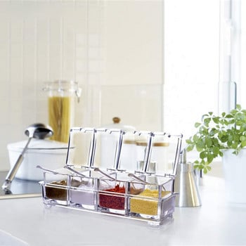 Clear Seasoning Rack Spice Pots - Ακρυλικό κουτί καρυκευμάτων 4 τεμαχίων - Δοχείο αποθήκευσης Βαζάκια με καρυκεύματα - Cruet με κάλυμμα και κουτάλι