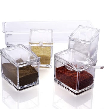 Clear Seasoning Rack Spice Pots - Ακρυλικό κουτί καρυκευμάτων 4 τεμαχίων - Δοχείο αποθήκευσης Βαζάκια με καρυκεύματα - Cruet με κάλυμμα και κουτάλι