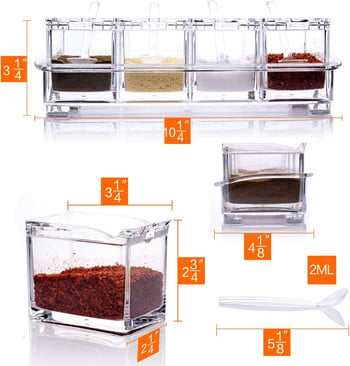 Clear Seasoning Rack Spice Pots - Ακρυλικό κουτί καρυκευμάτων 4 τεμαχίων - Δοχείο αποθήκευσης Βαζάκια με καρυκεύματα - Cruet με κάλυμμα και κουτάλι