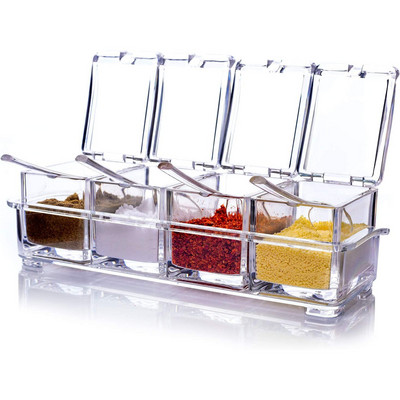 Raft transparent pentru condimente Oale pentru condimente - Cutie de condimente din acril 4 piese - Recipient de depozitare Borcane pentru condimente - Piliță cu capac și lingură
