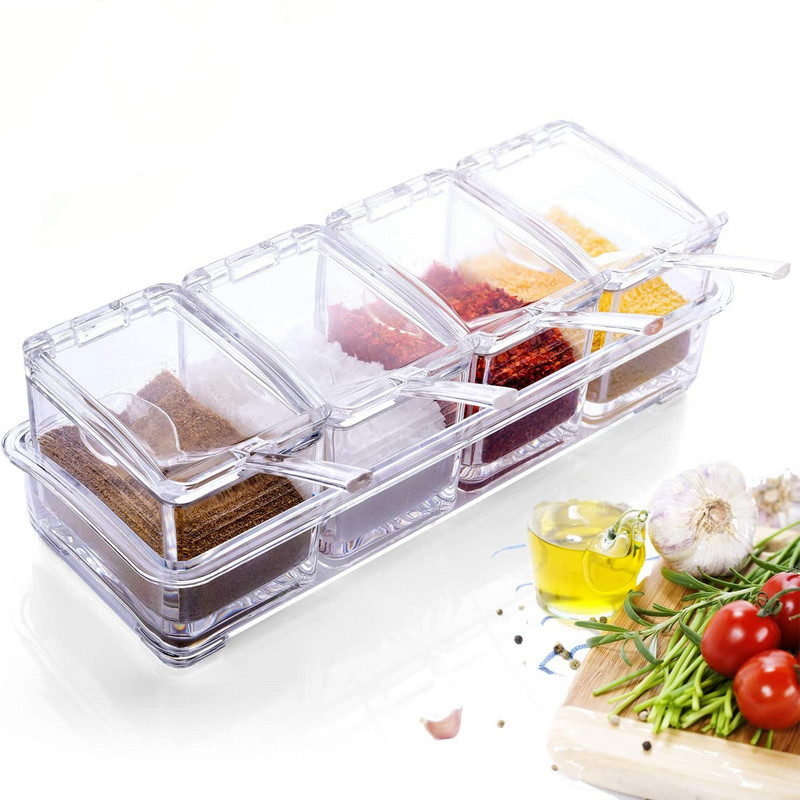 Raft transparent pentru condimente Oale pentru condimente - Cutie de condimente din acril 4 piese - Recipient de depozitare Borcane pentru condimente - Piliță cu capac și lingură