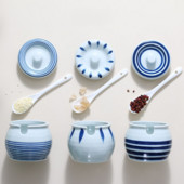 Borcan de condimente din ceramică creativ, accesorii de bucătărie pictate manual, sare pentru zahăr, borcan de chili cu capac, lingură, cutie de condimente, acasă