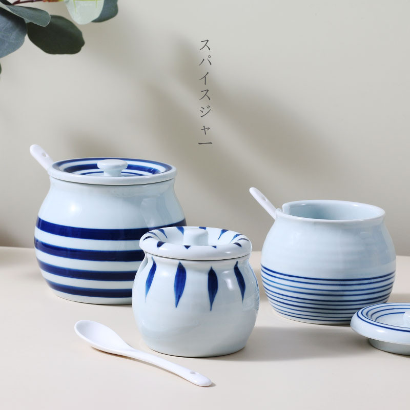 Borcan de condimente din ceramică creativ, accesorii de bucătărie pictate manual, sare pentru zahăr, borcan de chili cu capac, lingură, cutie de condimente, acasă