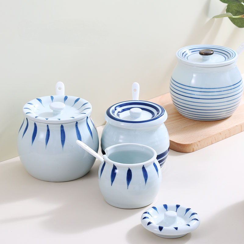 Borcan de condimente din ceramică creativ, accesorii de bucătărie pictate manual, sare pentru zahăr, borcan de chili cu capac, lingură, cutie de condimente, acasă