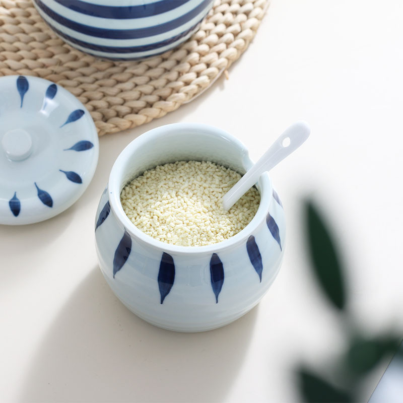 Borcan de condimente din ceramică creativ, accesorii de bucătărie pictate manual, sare pentru zahăr, borcan de chili cu capac, lingură, cutie de condimente, acasă