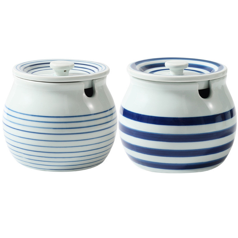 Borcan de condimente din ceramică creativ, accesorii de bucătărie pictate manual, sare pentru zahăr, borcan de chili cu capac, lingură, cutie de condimente, acasă