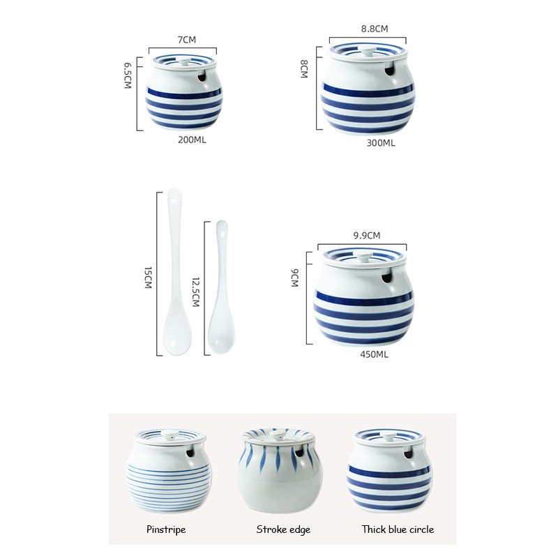 Borcan de condimente din ceramică creativ, accesorii de bucătărie pictate manual, sare pentru zahăr, borcan de chili cu capac, lingură, cutie de condimente, acasă