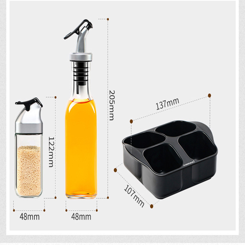 Setul creativ de condimente de bucătărie include 1 suport pentru condimente, 2 borcane de sticlă pentru condimente și 2 sticle de ulei de tip push