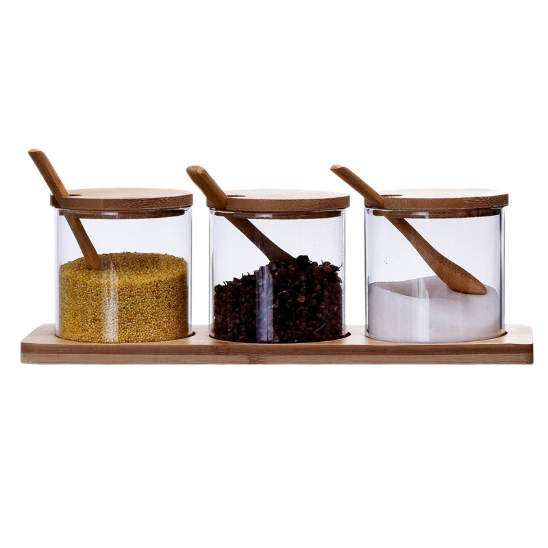 Borcane pentru condimente cu capac și linguri, set 3 borcane pentru condimente de bucătărie, recipiente transparente pentru condiment sare piper