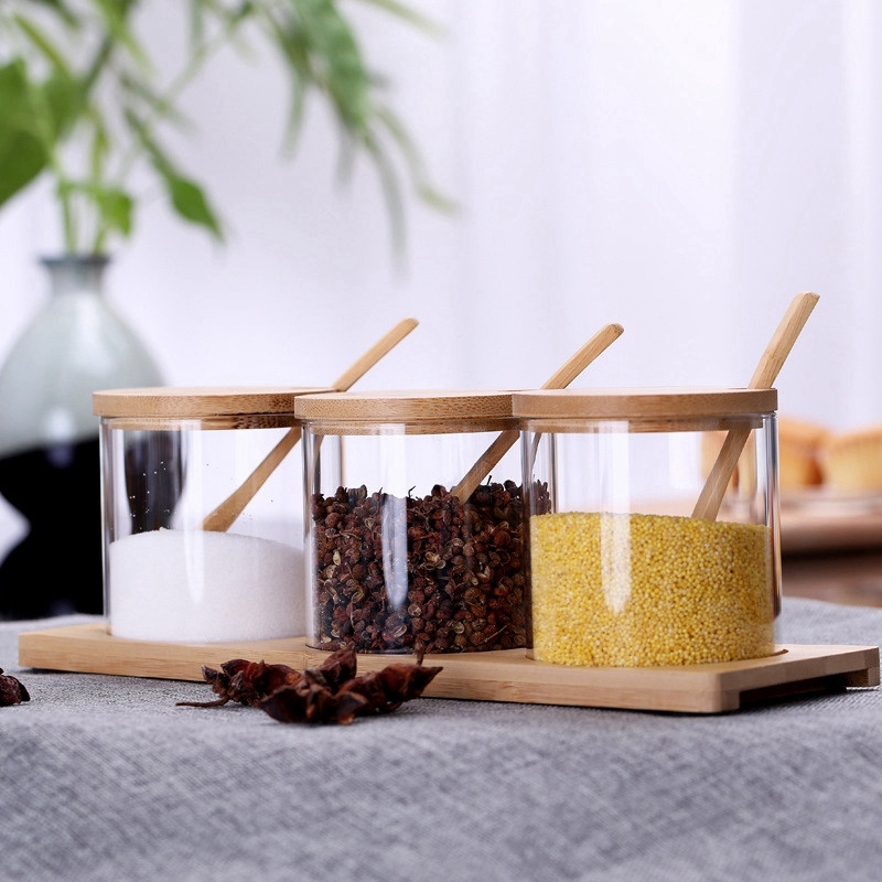 Borcane pentru condimente cu capac și linguri, set 3 borcane pentru condimente de bucătărie, recipiente transparente pentru condiment sare piper