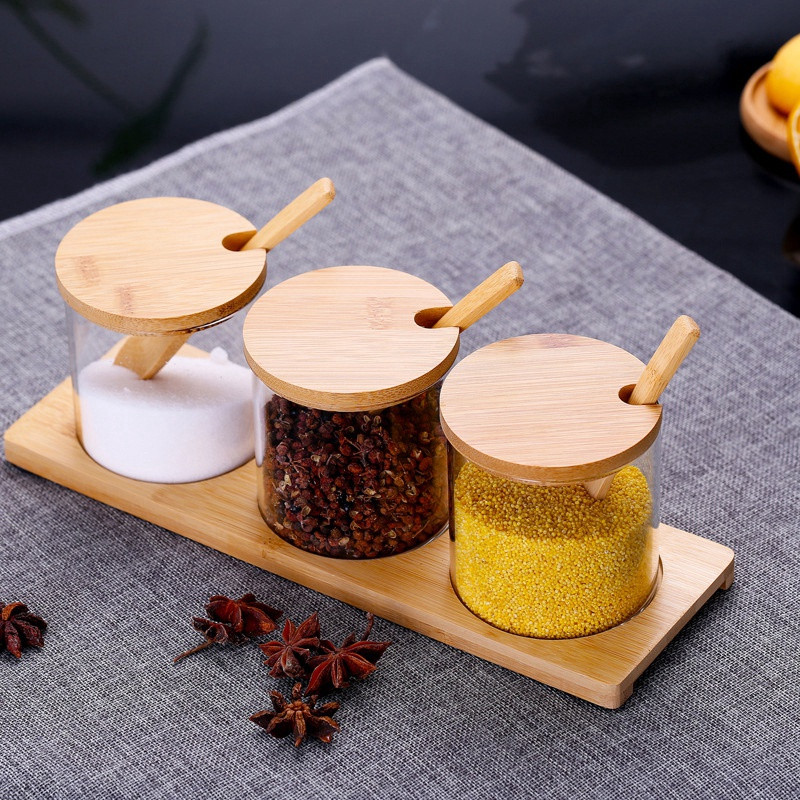 Borcane pentru condimente cu capac și linguri, set 3 borcane pentru condimente de bucătărie, recipiente transparente pentru condiment sare piper