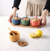 Set Cutie De Condimente De Bucătărie Creativă Ceramică Borcan Mirodenii Cu Capac De Lemn Și Linguri Accesorii De Bucătărie