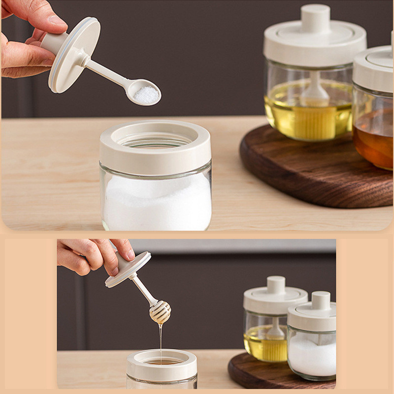 Cutie de condimente din sticlă Capac lingură Borcan integrat pentru condimente Borcan combinat de condimente Accesorii de bucătărie Saliera Sticla de ulei Instrumente de condiment