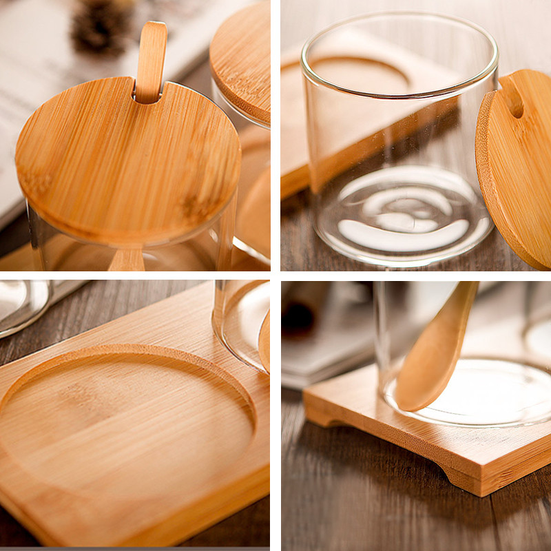 3 buc borcan de depozitare din sticlă, sare, bomboane, organizator, sticle, prăjituri, ceai, boabe de cafea, lingură, capac din lemn, recipient pentru condimente, cutie pentru raft și bucătărie.