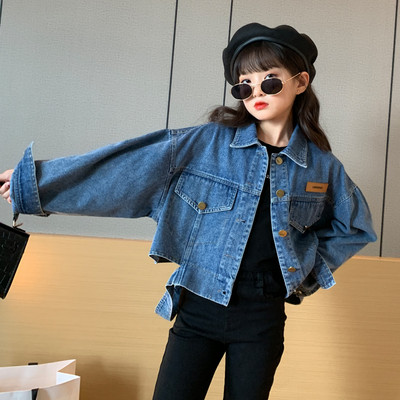 Jachetă din denim la modă pentru fete cu logo și guler clasic