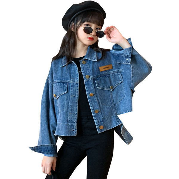 Jachetă din denim la modă pentru fete cu logo și guler clasic