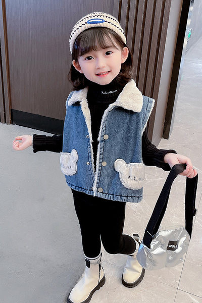 Vestă din denim cu guler în puf și broderie