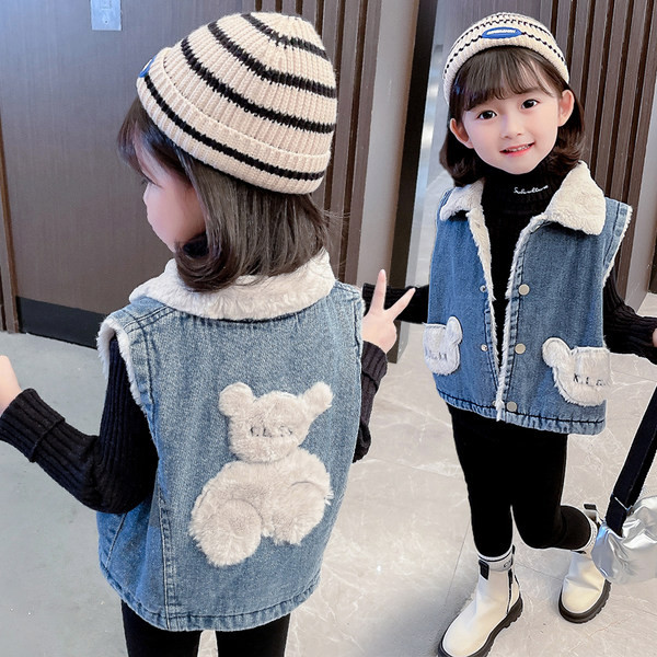 Vestă din denim cu guler în puf și broderie