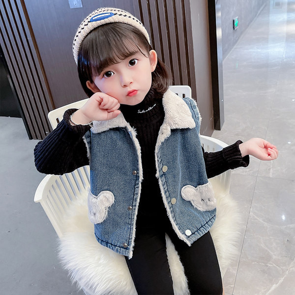 Vestă din denim cu guler în puf și broderie