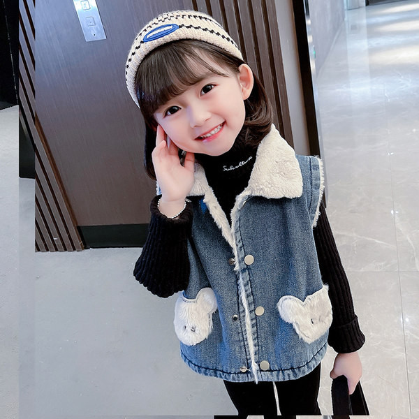 Vestă din denim cu guler în puf și broderie