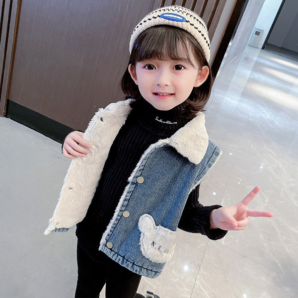 Vestă din denim cu guler în puf și broderie