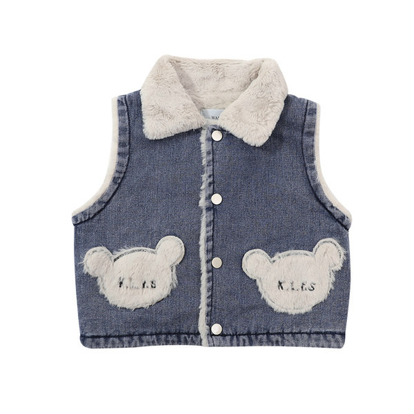 Vestă din denim cu guler în puf și broderie