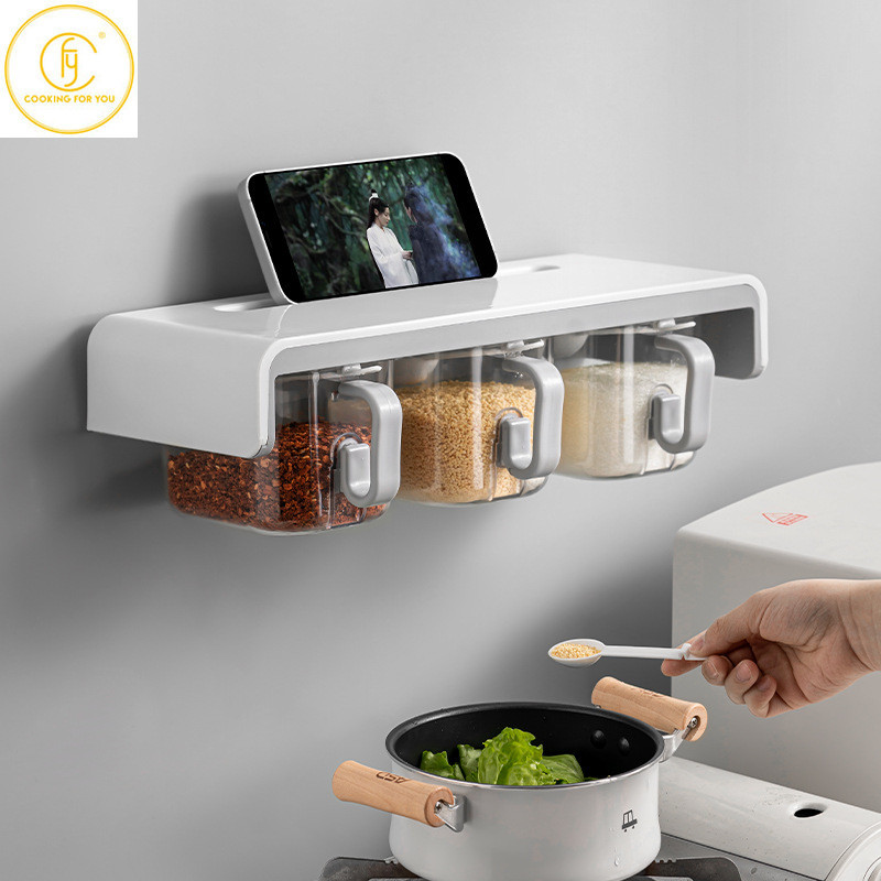 Cutie de depozitare pentru condimente cu perete de bucătărie, sare, glutamat monosodic, chimen, recipient de depozitare din plastic, instrumente de bucătărie pentru condimente