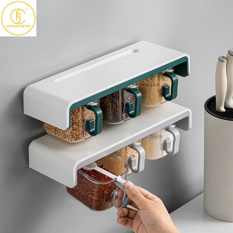 Cutie de depozitare pentru condimente cu perete de bucătărie, sare, glutamat monosodic, chimen, recipient de depozitare din plastic, instrumente de bucătărie pentru condimente