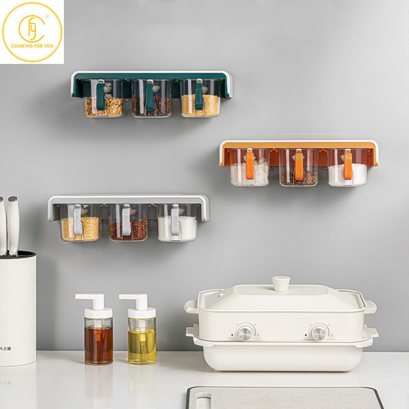 Cutie de depozitare pentru condimente cu perete de bucătărie, sare, glutamat monosodic, chimen, recipient de depozitare din plastic, instrumente de bucătărie pentru condimente