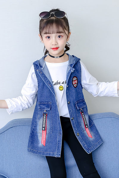 Vaikiška liemenė Džinsinė liemenė su gobtuvu mergaitėms