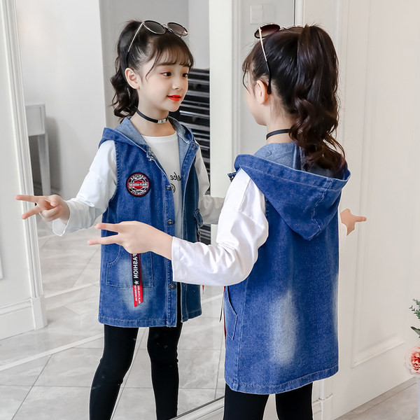 Vaikiška liemenė Džinsinė liemenė su gobtuvu mergaitėms