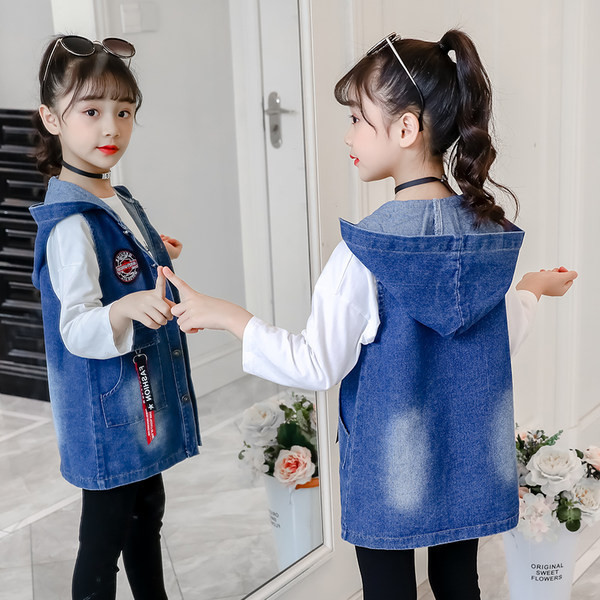 Vaikiška liemenė Džinsinė liemenė su gobtuvu mergaitėms