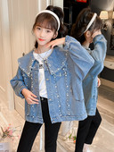 Geaca de blugi pentru copii cu guler lung si perle