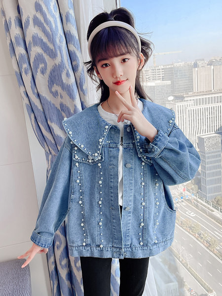 Geaca de blugi pentru copii cu guler lung si perle