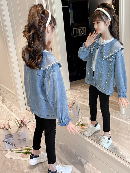 Geaca de blugi pentru copii cu guler lung si perle