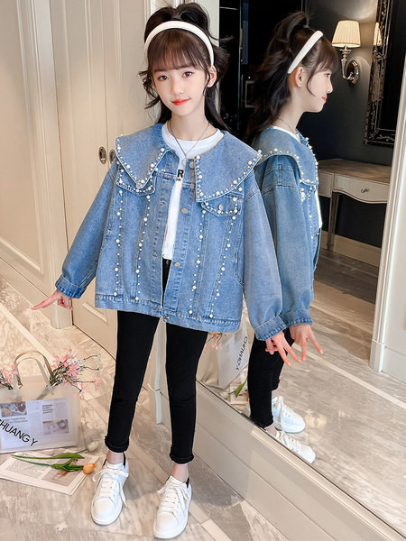 Geaca de blugi pentru copii cu guler lung si perle