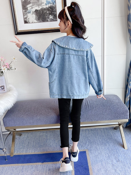 Geaca de blugi pentru copii cu guler lung si perle