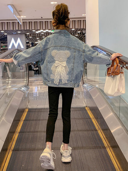 Geaca de blugi pentru copii cu perle si panglica pentru fete