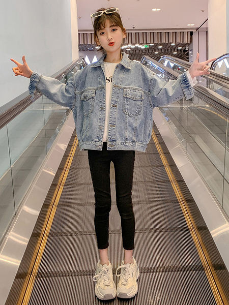 Geaca de blugi pentru copii cu perle si panglica pentru fete