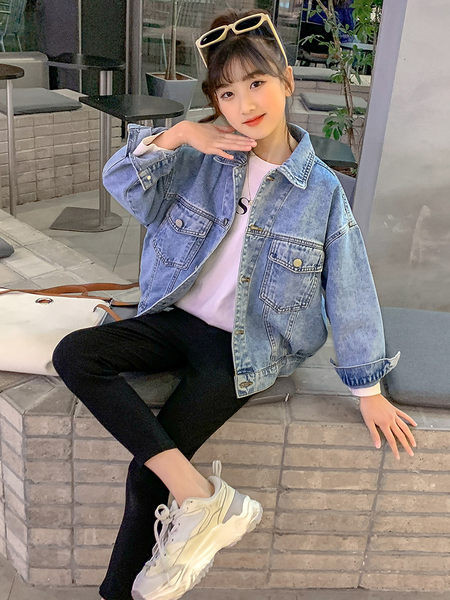 Geaca de blugi pentru copii cu perle si panglica pentru fete