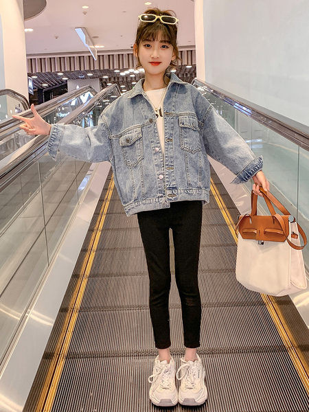 Geaca de blugi pentru copii cu perle si panglica pentru fete