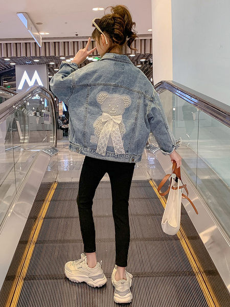 Geaca de blugi pentru copii cu perle si panglica pentru fete