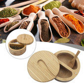 Bambuko prieskonių dėžutė su šaukštu besisukančiu dangteliu Bambuko prieskonių puodas Magnetinio siurbimo prieskonių puodas vienos ląstelės druskos dėžutė