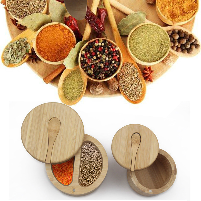 Bambuko prieskonių dėžutė su šaukštu besisukančiu dangteliu Bambuko prieskonių puodas Magnetinio siurbimo prieskonių puodas vienos ląstelės druskos dėžutė